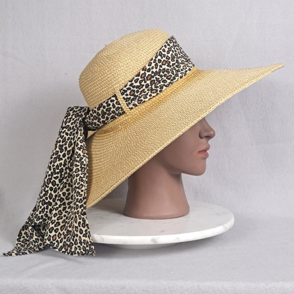 Milani Women’s Straw Hat w/ Leopard Scarf One Size Floppy Wide Brim Chic Summer